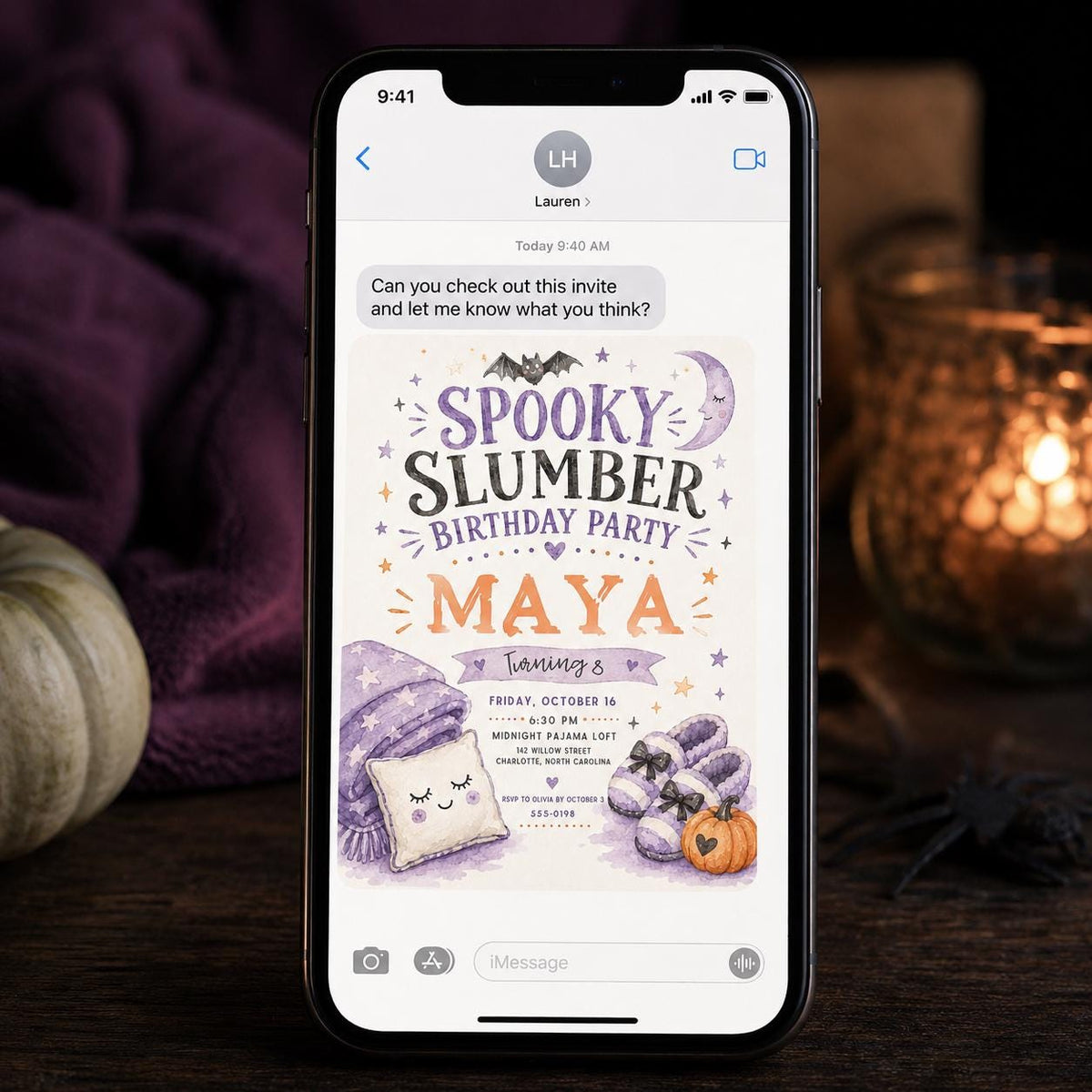 Purple Watercolor Spooky Slumber Party Invitation — sleepover design