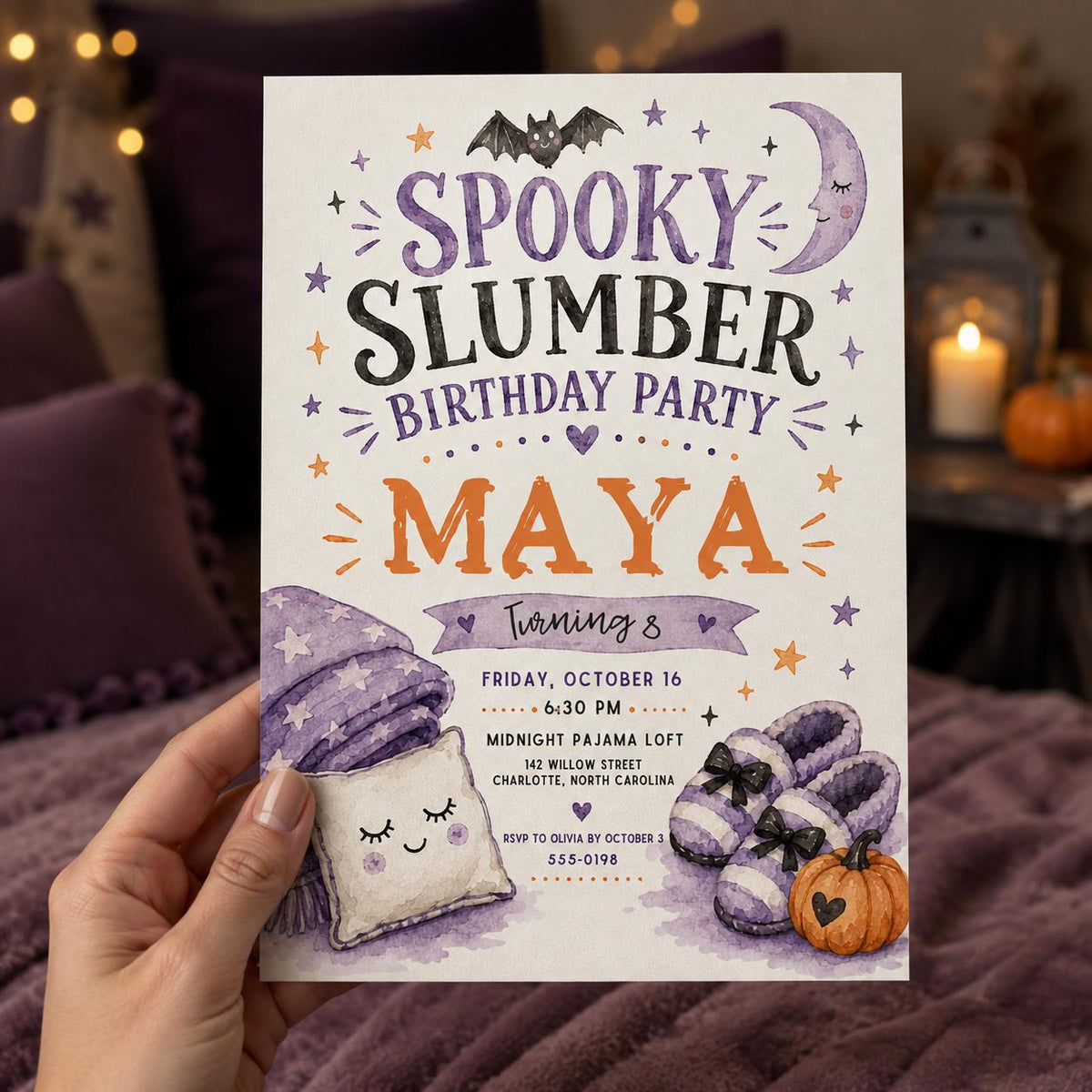 Purple Watercolor Spooky Slumber Party Invitation — invitation you personalize in Canva
