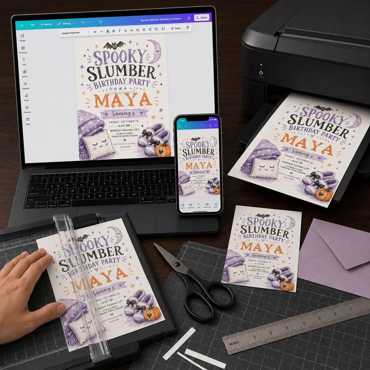 Purple Watercolor Spooky Slumber Party Invitation — print-ready 8th birthday party design from VoltBy