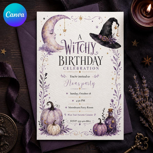 Purple Watercolor Witchy Birthday Invitation — editable Canva template
