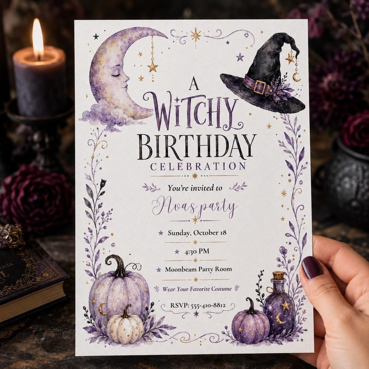 Purple Watercolor Witchy Birthday Invitation — celestial and pumpkin design