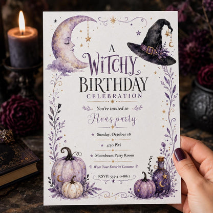 Purple Watercolor Witchy Birthday Invitation — celestial and pumpkin design