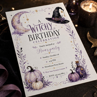 Purple Watercolor Witchy Birthday Invitation — celestial birthday party design