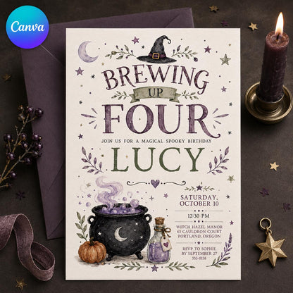 Purple Witch 4th Birthday Invitation for Girls — editable Canva template
