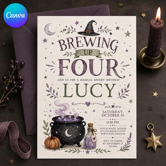 Purple Witch 4th Birthday Invitation for Girls — editable Canva template