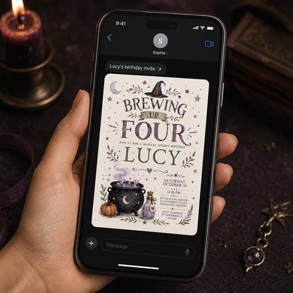 Purple Witch 4th Birthday Invitation for Girls — magic design