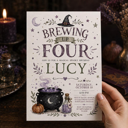 Purple Witch 4th Birthday Invitation for Girls — invitation you personalize in Canva