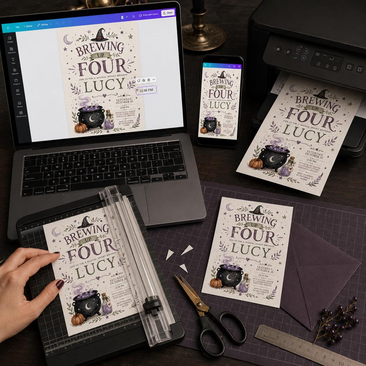 Purple Witch 4th Birthday Invitation for Girls — print-ready 4th birthday party design from VoltBy