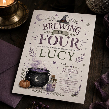 Purple Witch 4th Birthday Invitation for Girls — digital invitation, instant download