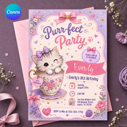 Purrfect Kitten Teacup 8th Birthday Invitation — editable Canva template