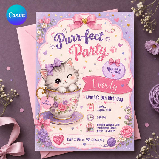 Purrfect Kitten Teacup 8th Birthday Invitation — editable Canva template