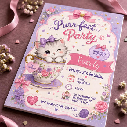Purrfect Kitten Teacup 8th Birthday Invitation — cat design
