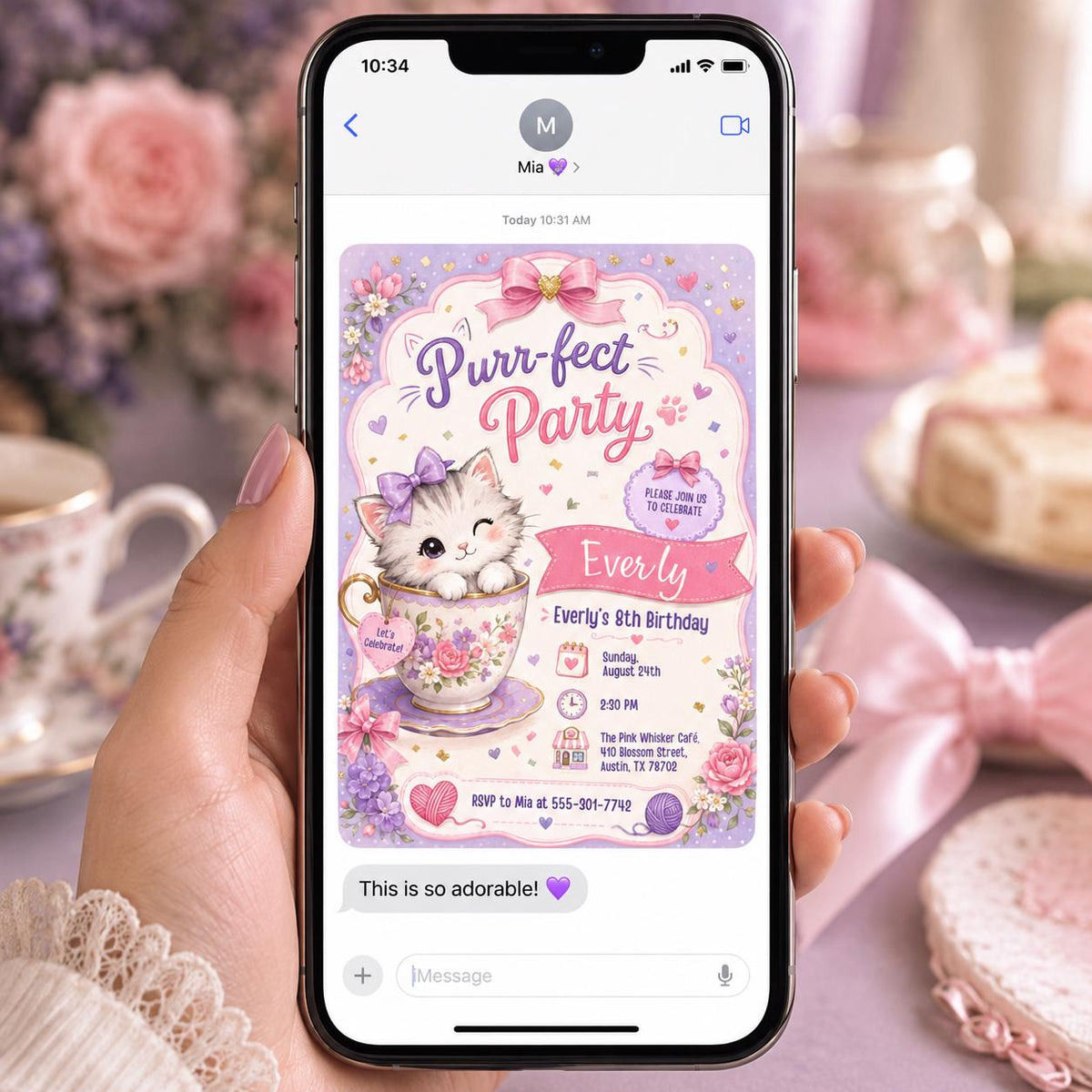 Purrfect Kitten Teacup 8th Birthday Invitation — invitation you personalize in Canva