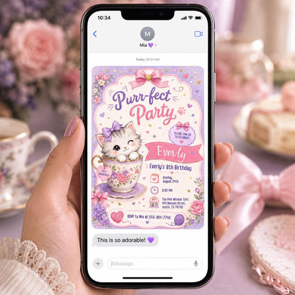 Purrfect Kitten Teacup 8th Birthday Invitation — invitation you personalize in Canva