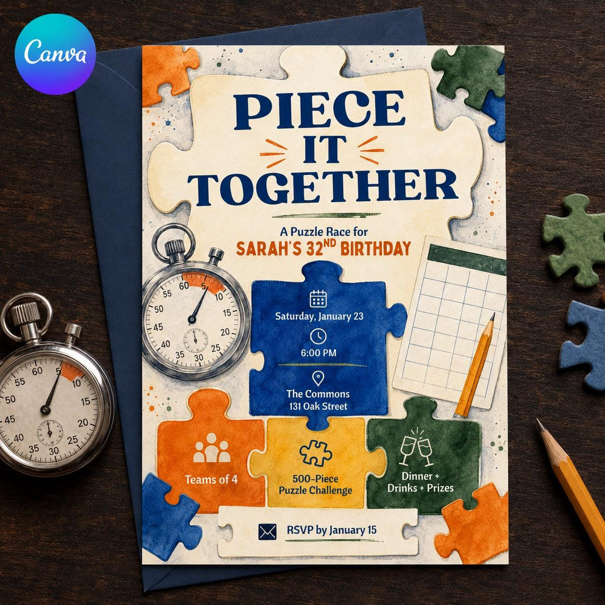 Puzzle Race 32nd Birthday Invitation — editable Canva template