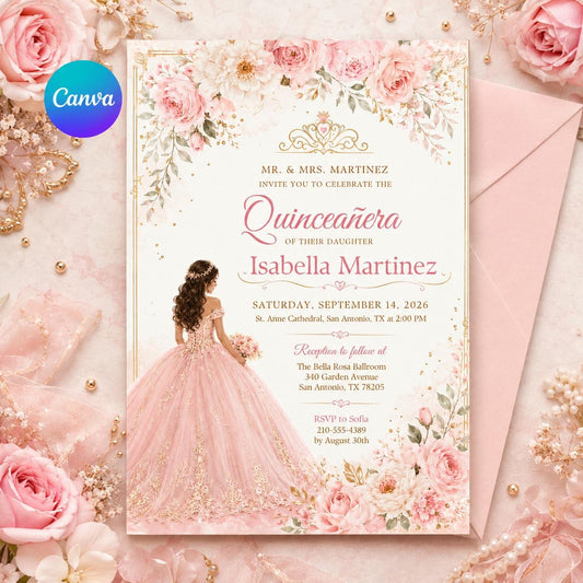 Blush Pink Quinceañera Invitation with Gown and Rose Border — editable Canva template