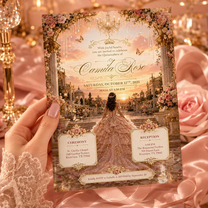 Rose Gold Quinceañera Invitation with Palace Garden Scene — quinceañera stationery by VoltBy