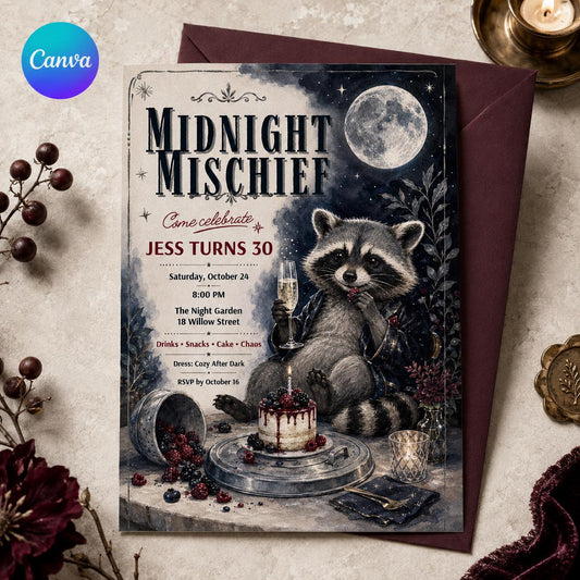 Raccoon 30th Birthday Invitation — editable Canva template