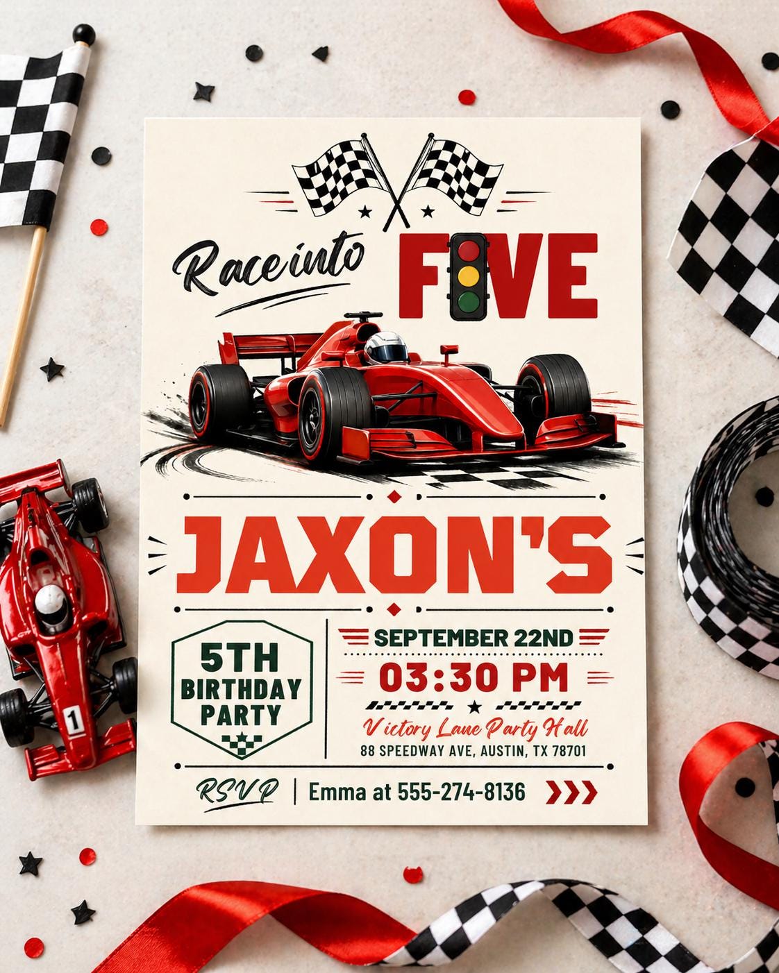 Race Car 5th Birthday Invitation — invitation you personalize in Canva