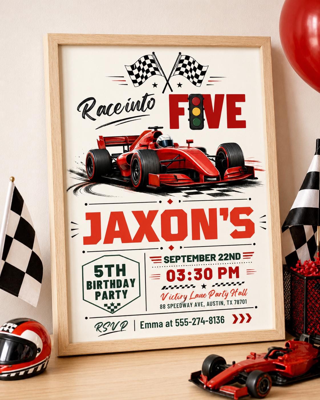 Race Car 5th Birthday Invitation — print-ready 5th birthday party design from VoltBy