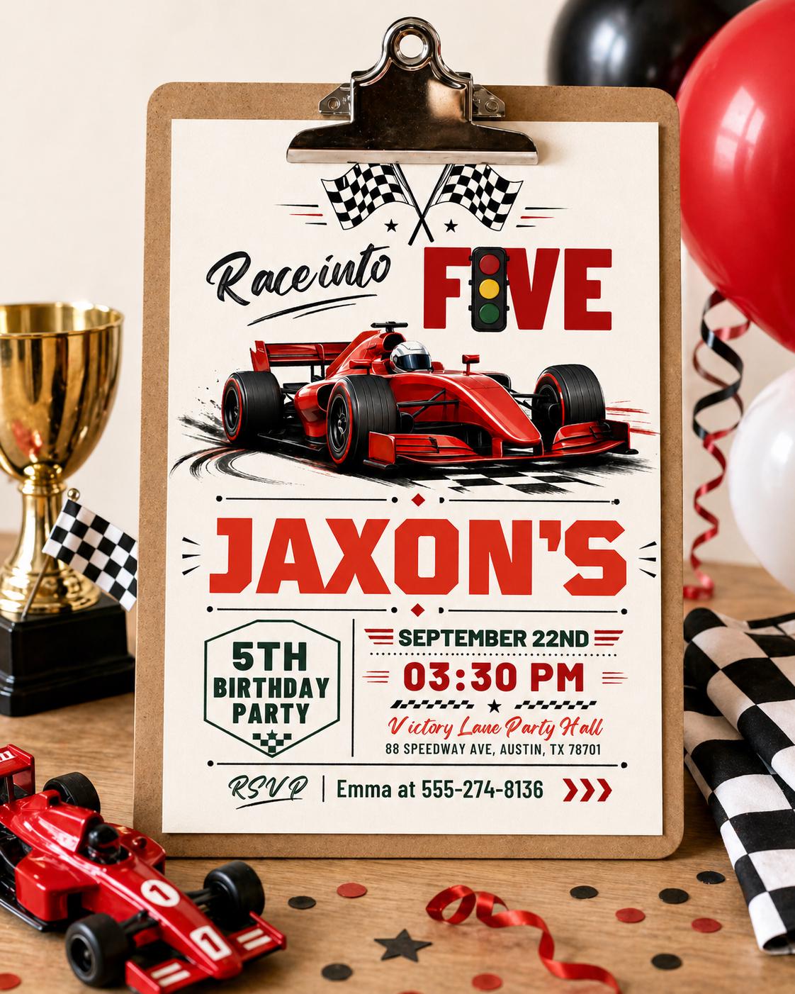 Race Car 5th Birthday Invitation — digital invitation, instant download