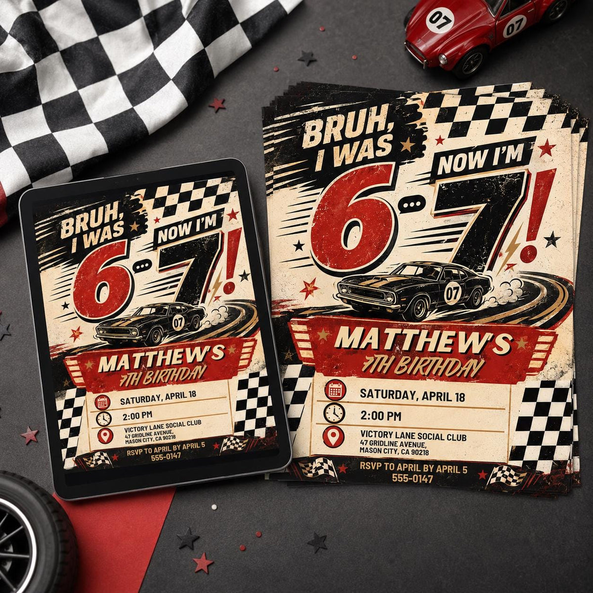 Race Car 7th Birthday Invitation: Six Seven Meme Birthday for Boys — print-ready 7th birthday party design from VoltBy