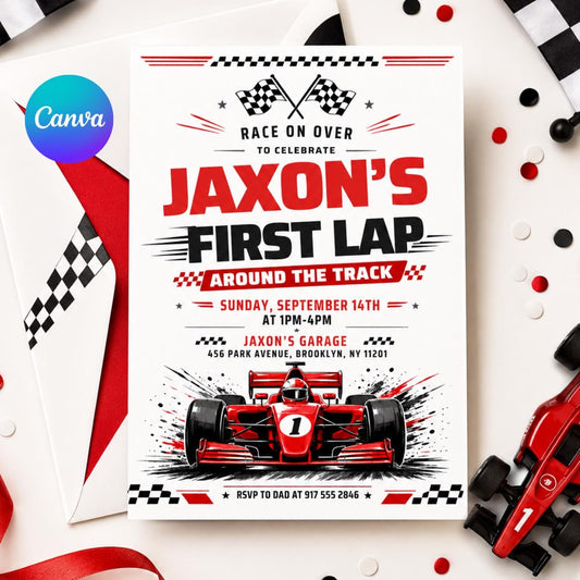 Race Car Birthday Invitation — editable Canva template
