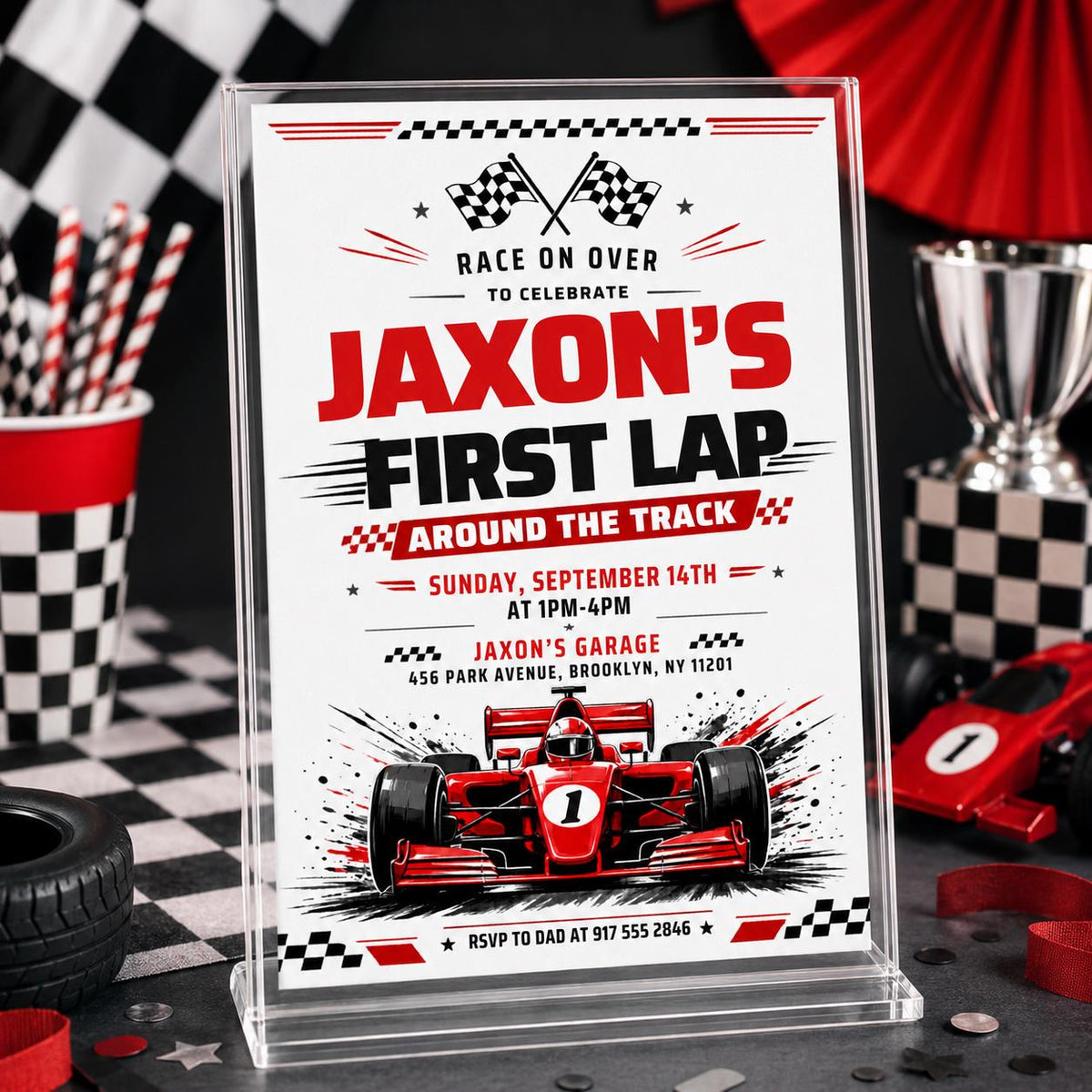 Race Car Birthday Invitation — print-ready birthday party design from VoltBy