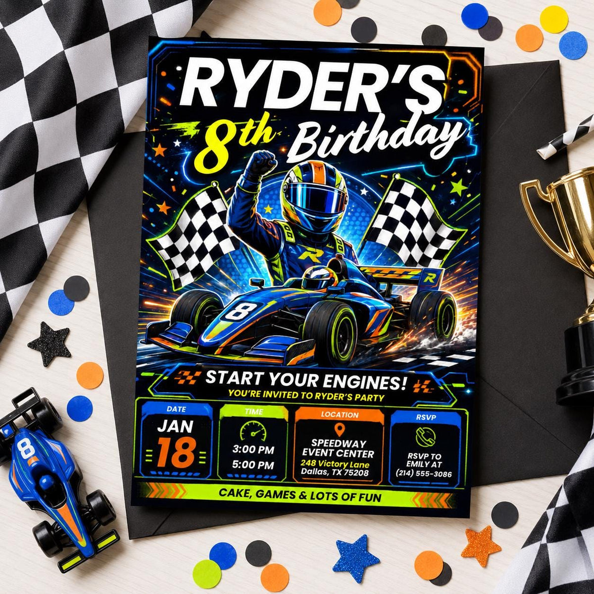 Race Car Birthday Invitation: Cars Racer Party — invitation you personalize in Canva