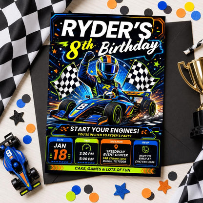 Race Car Birthday Invitation: Cars Racer Party — invitation you personalize in Canva