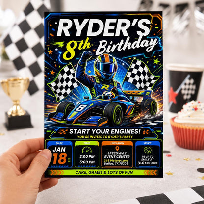 Race Car Birthday Invitation: Cars Racer Party — print-ready birthday party design from VoltBy