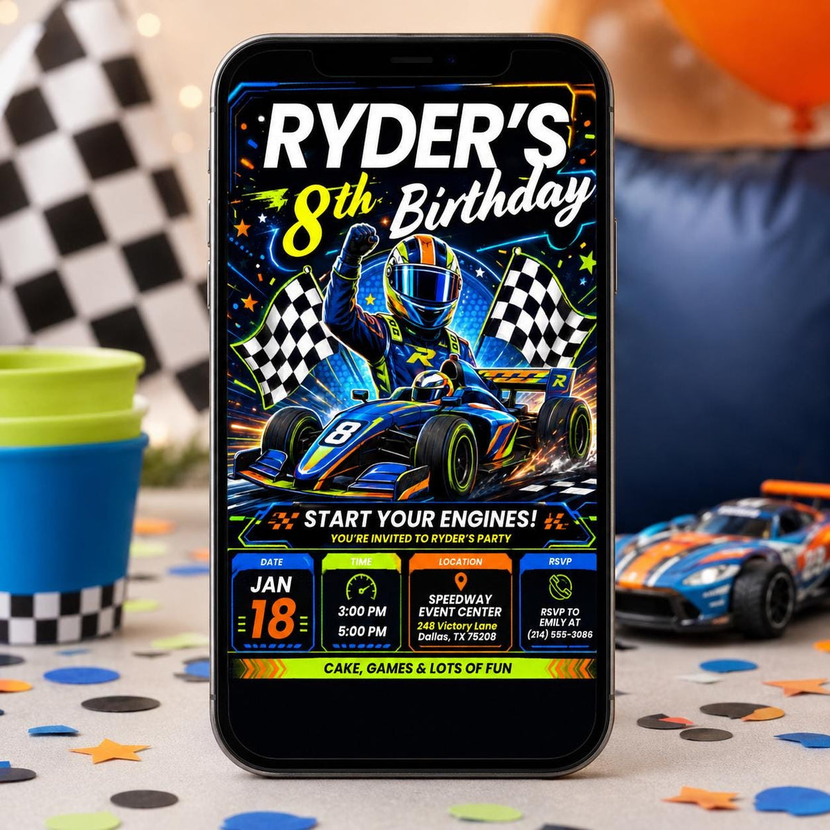 Race Car Birthday Invitation: Cars Racer Party — digital invitation, instant download
