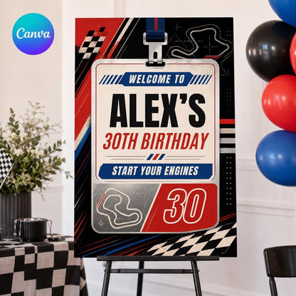 Racing 30th Birthday Welcome Sign — editable Canva template