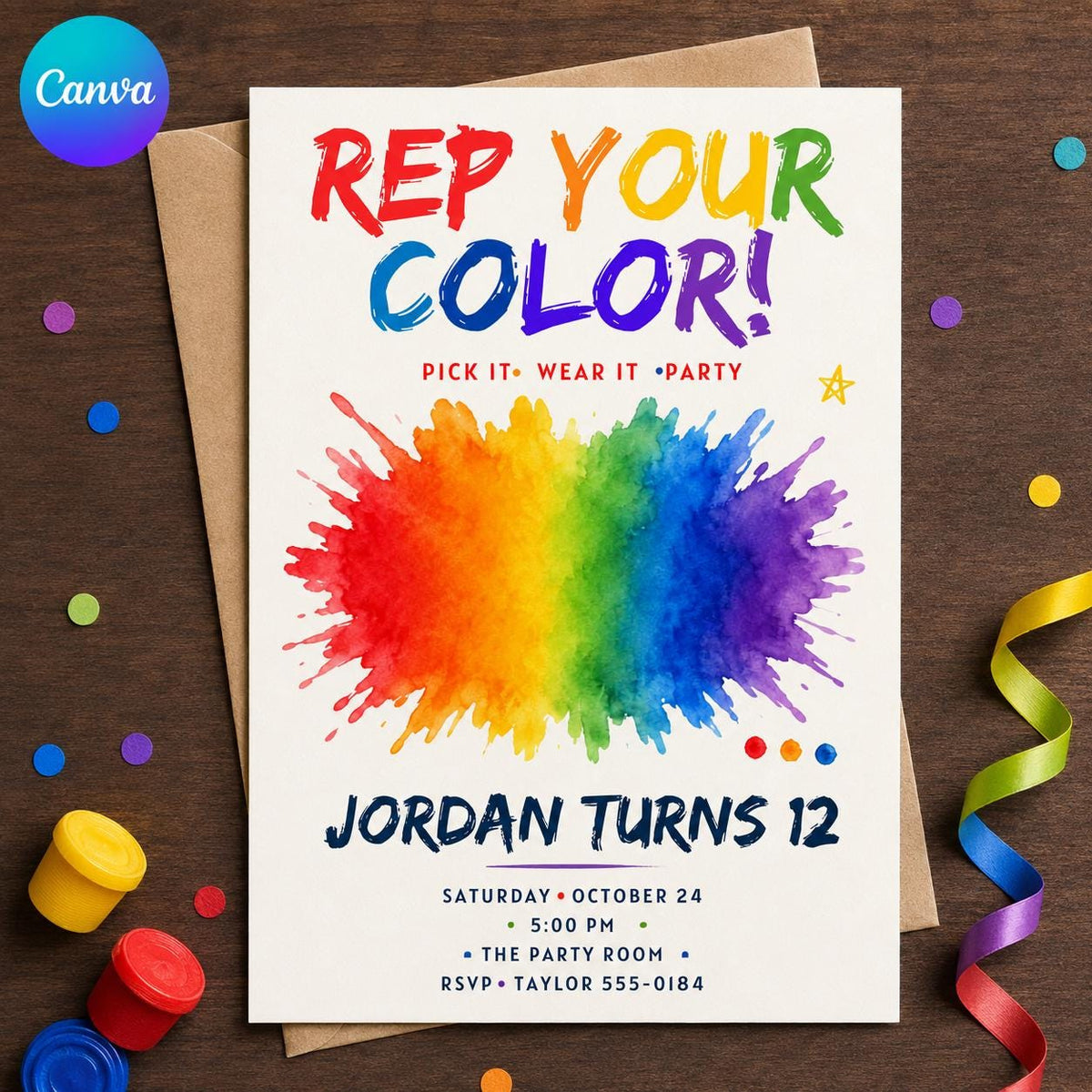 Rainbow 12th Birthday Invitation — editable Canva template