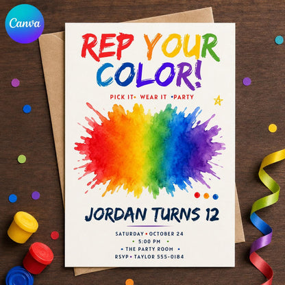 Rainbow 12th Birthday Invitation — editable Canva template