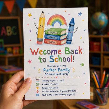 Rainbow Back to School Party Invitation — print-ready back-to-school event design from VoltBy