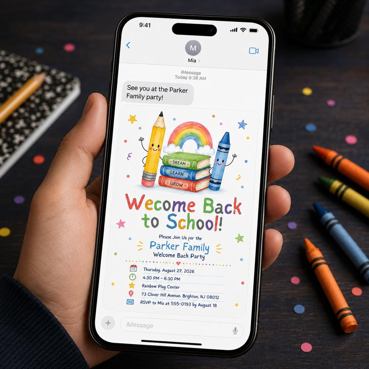 Rainbow Back to School Party Invitation — digital invitation, instant download