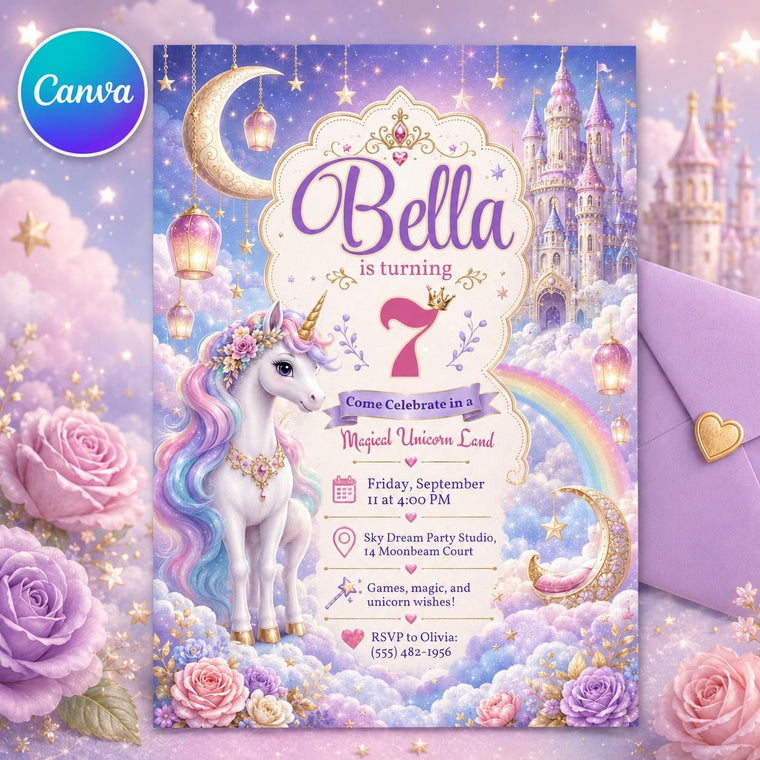 Rainbow Bella Unicorn Birthday Invitation