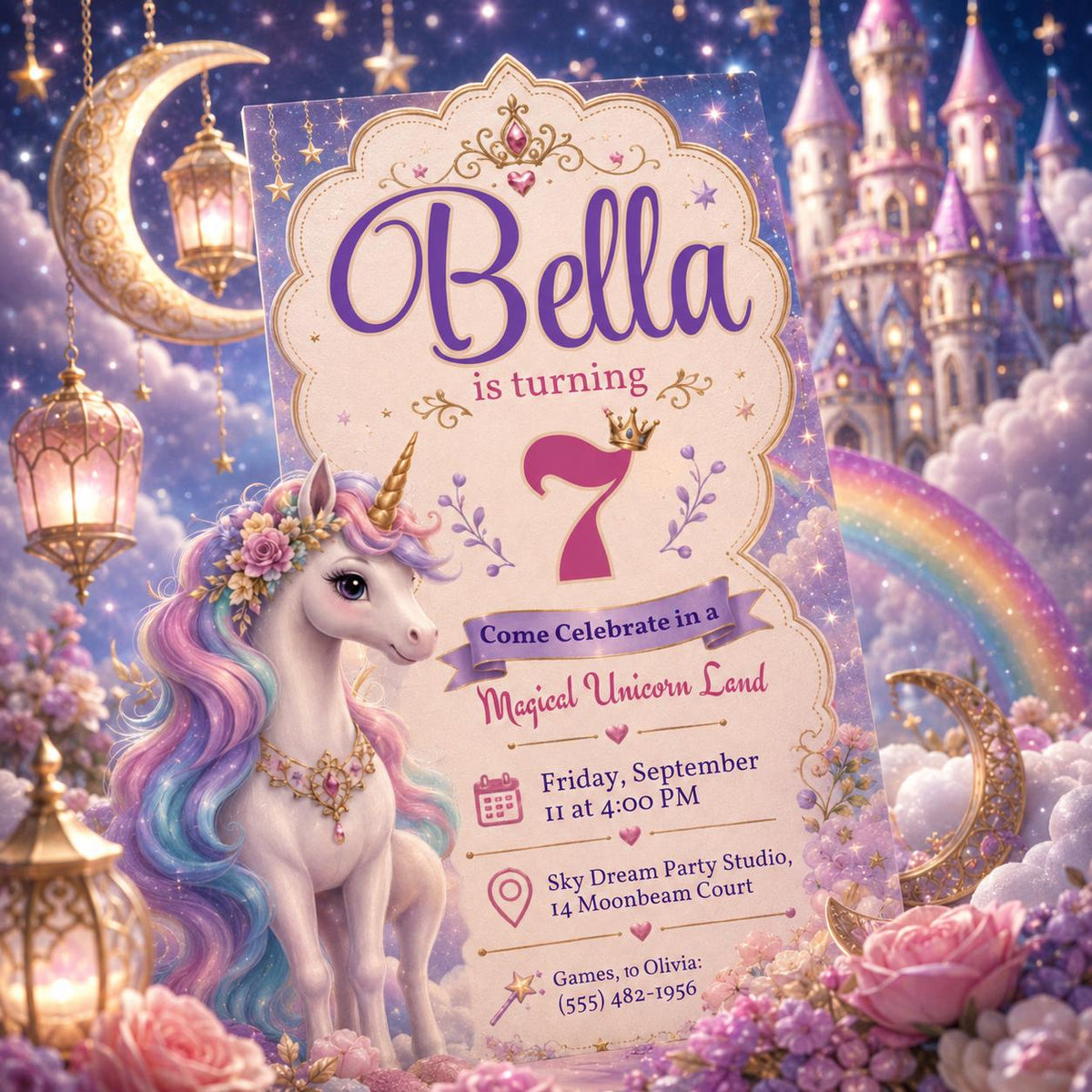 Rainbow Bella Unicorn Birthday Invitation — castle and magic design