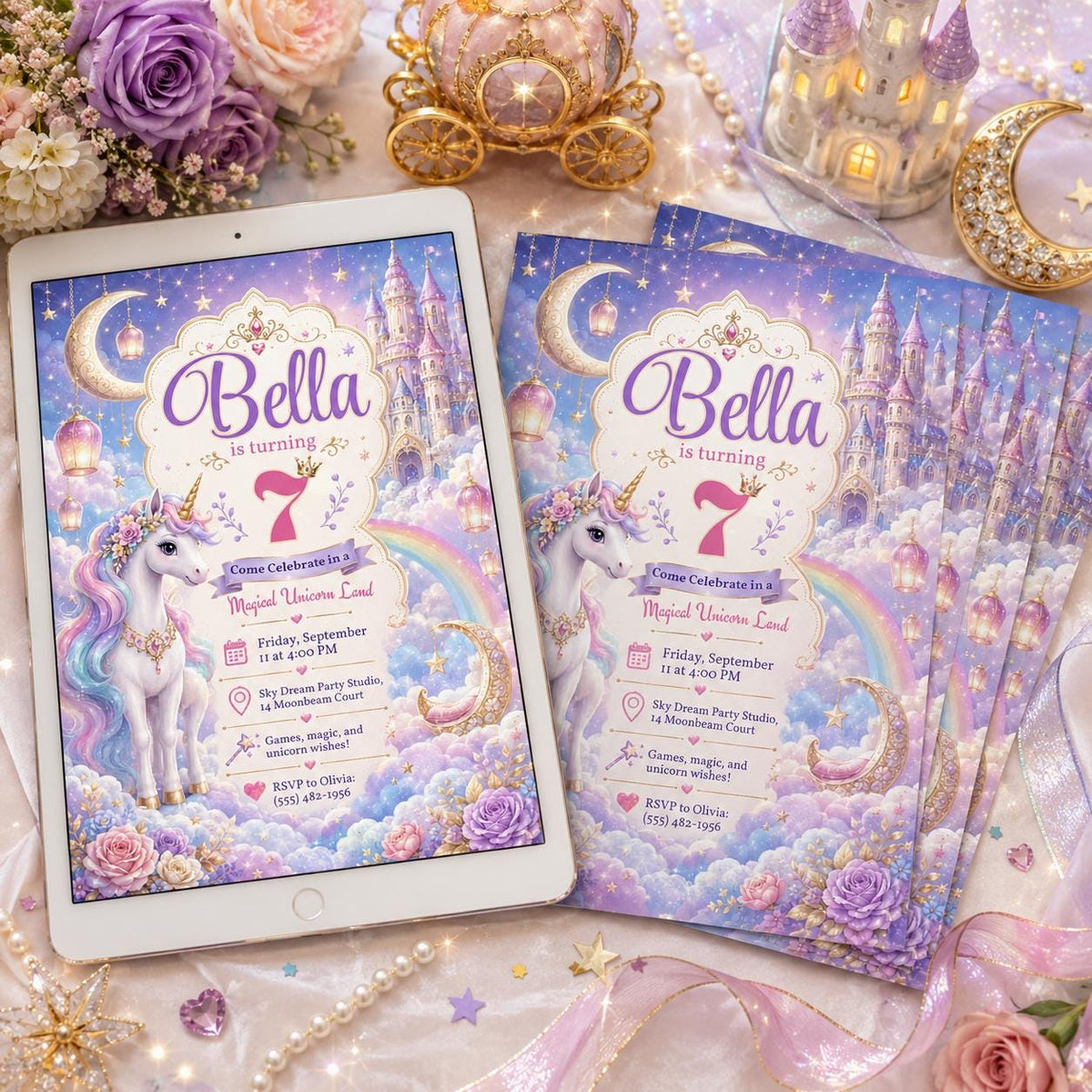 Rainbow Bella Unicorn Birthday Invitation — invitation you personalize in Canva