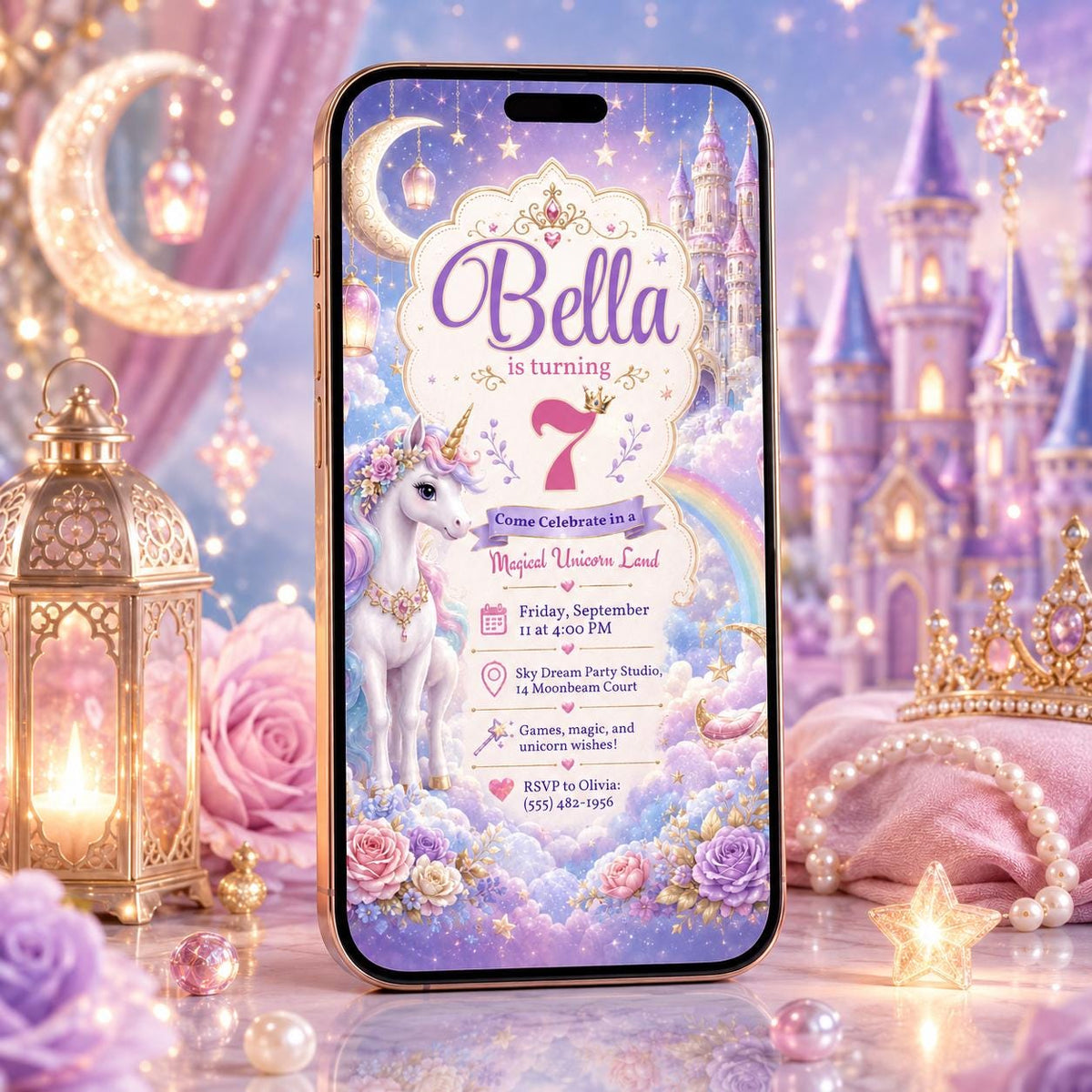 Rainbow Bella Unicorn Birthday Invitation — print-ready birthday party design from VoltBy