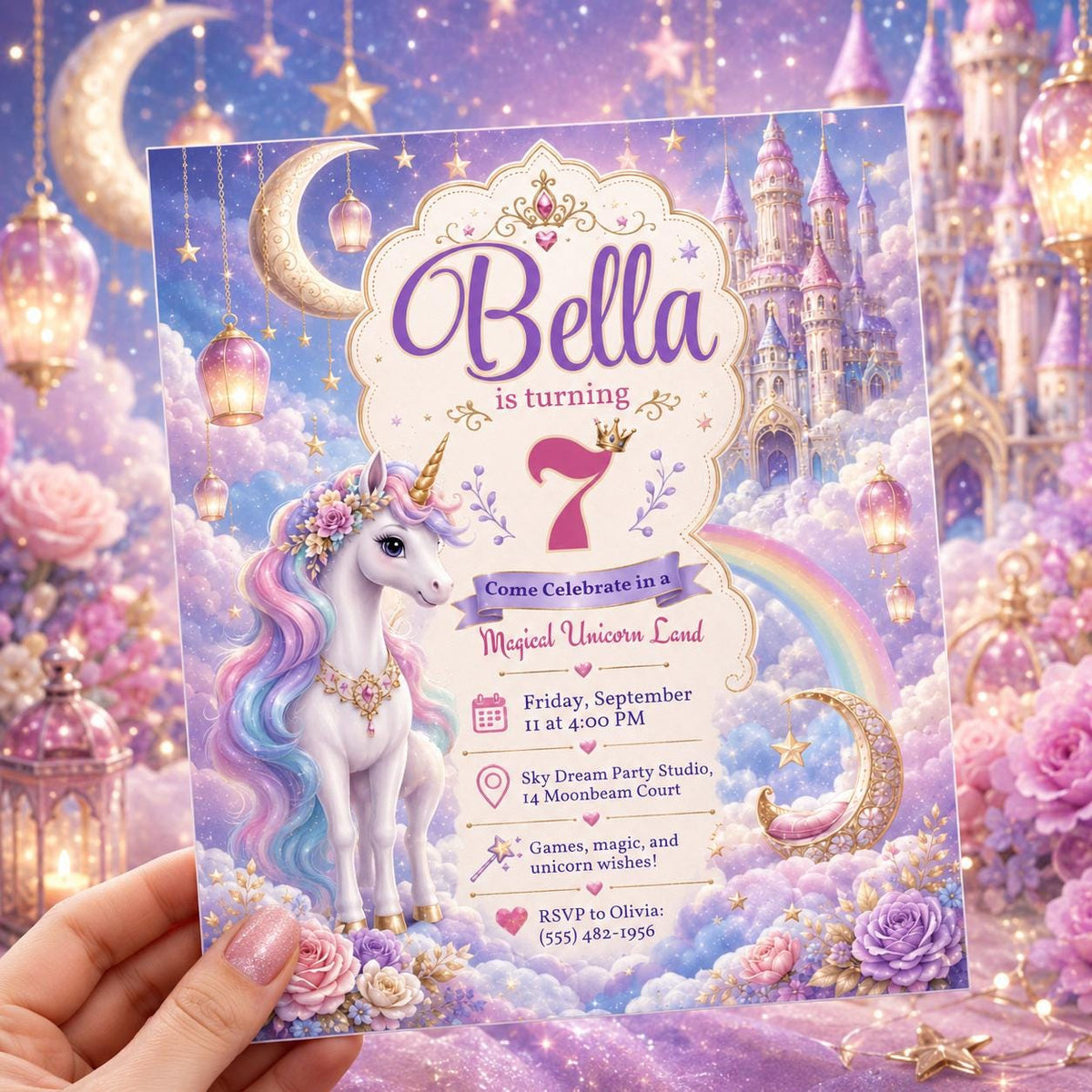 Rainbow Bella Unicorn Birthday Invitation — digital invitation, instant download