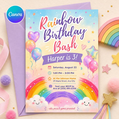 Rainbow Birthday Bash 3rd Birthday Invitation — editable Canva template