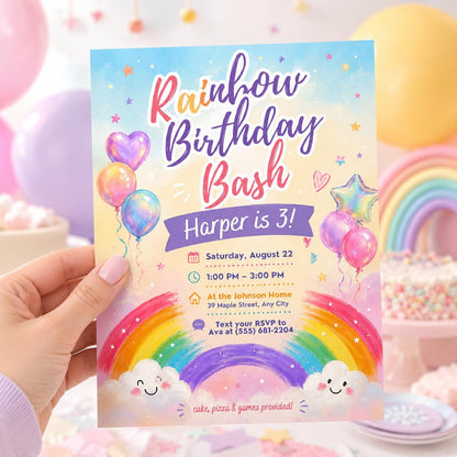 Rainbow Birthday Bash 3rd Birthday Invitation in pink and purple
