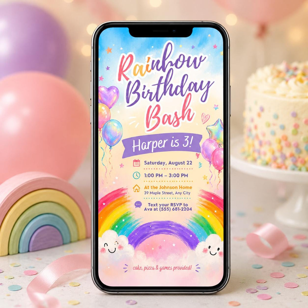Rainbow Birthday Bash 3rd Birthday Invitation — balloon design