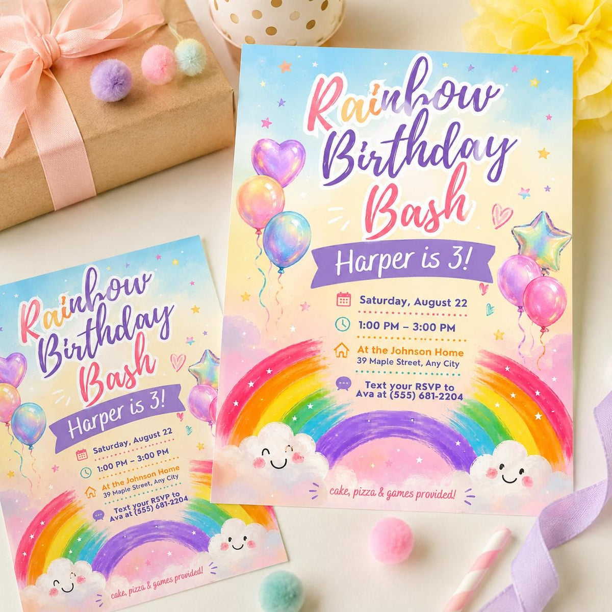 Rainbow Birthday Bash 3rd Birthday Invitation — invitation you personalize in Canva