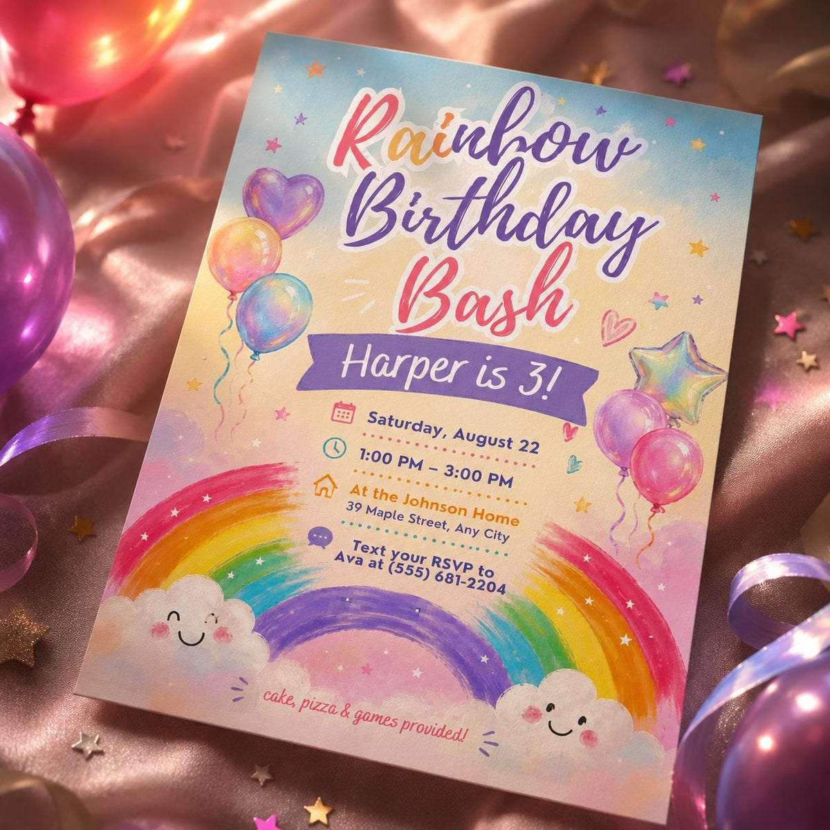 Rainbow Birthday Bash 3rd Birthday Invitation — balloon artwork in pink and purple