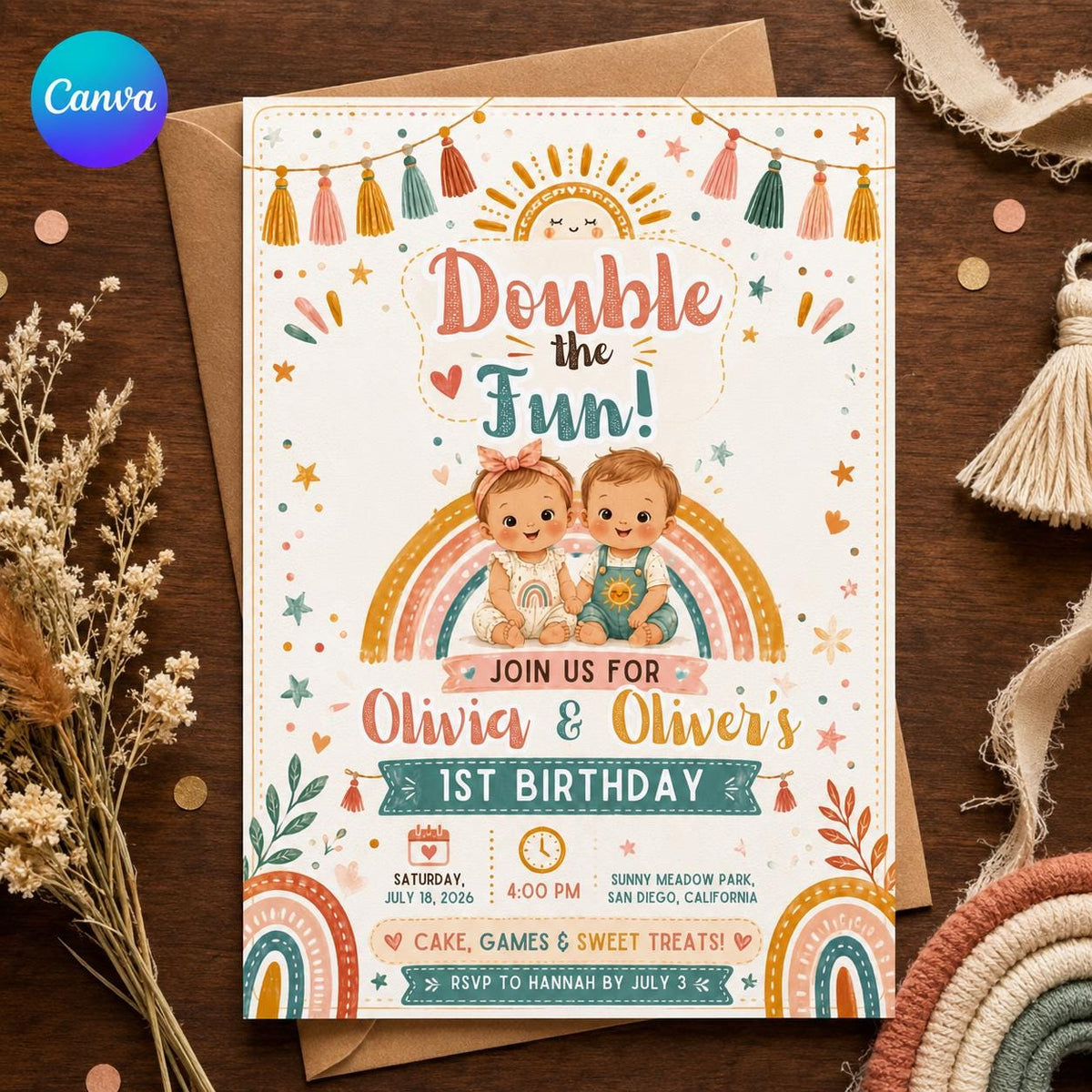 Rainbow Boho Twin First Birthday Invitation — editable Canva template