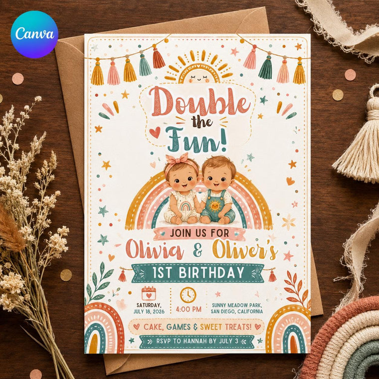Rainbow Boho Twin First Birthday Invitation