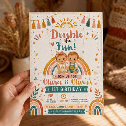 Rainbow Boho Twin First Birthday Invitation — digital invitation, instant download